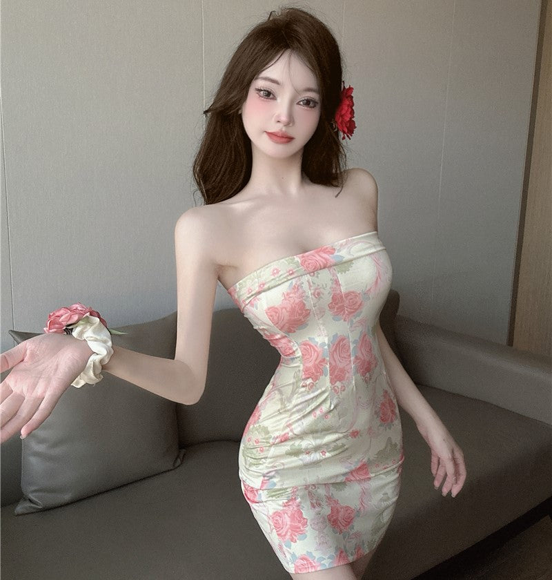 Fashionable and sexy one-shoulder floral tube top dress French style backless tight slimming hip skirt R3750