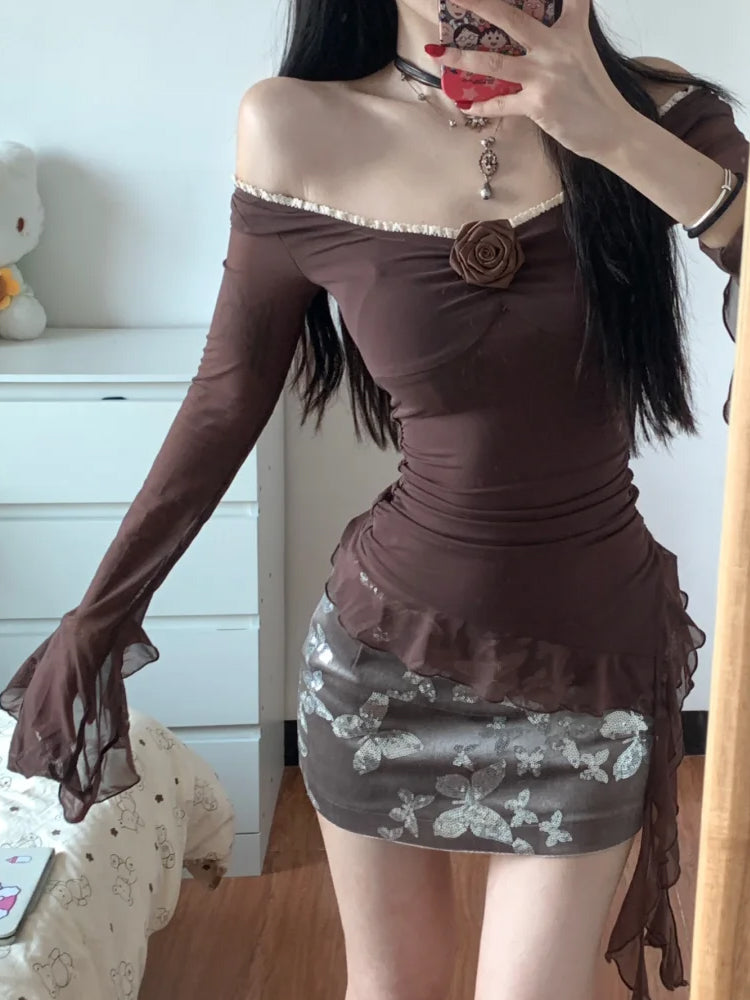 Large size French one-shoulder chic temperament slim fit top floral hip skirt two-piece set R1862