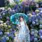 Gentle and sweet style blue flower short-sleeved dress holiday style A-line long skirt R0721
