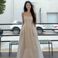 Gentle white moonlight suspender dress unique waist A-line skirt R0514