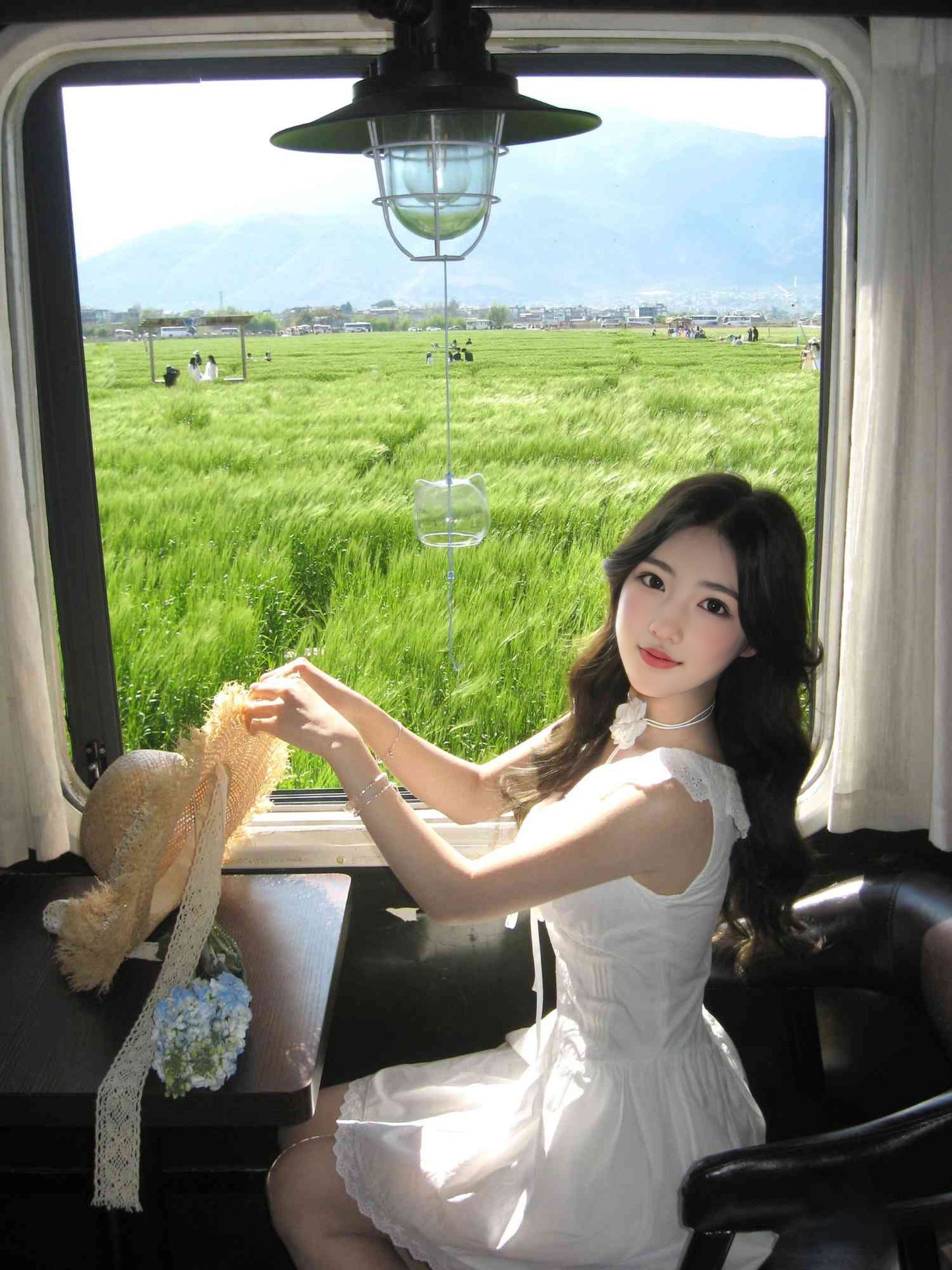 Gentle white moonlight suspender dress beautiful temperament waist A-line short skirt R0742