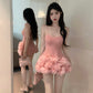 Sweet and sexy suspender skirt miniskirt petal edge slim fit pink miniskirt R3629