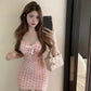 Sweet pure desire style girl dress print slim fit chest pad pink sleeveless hip skirt R3633