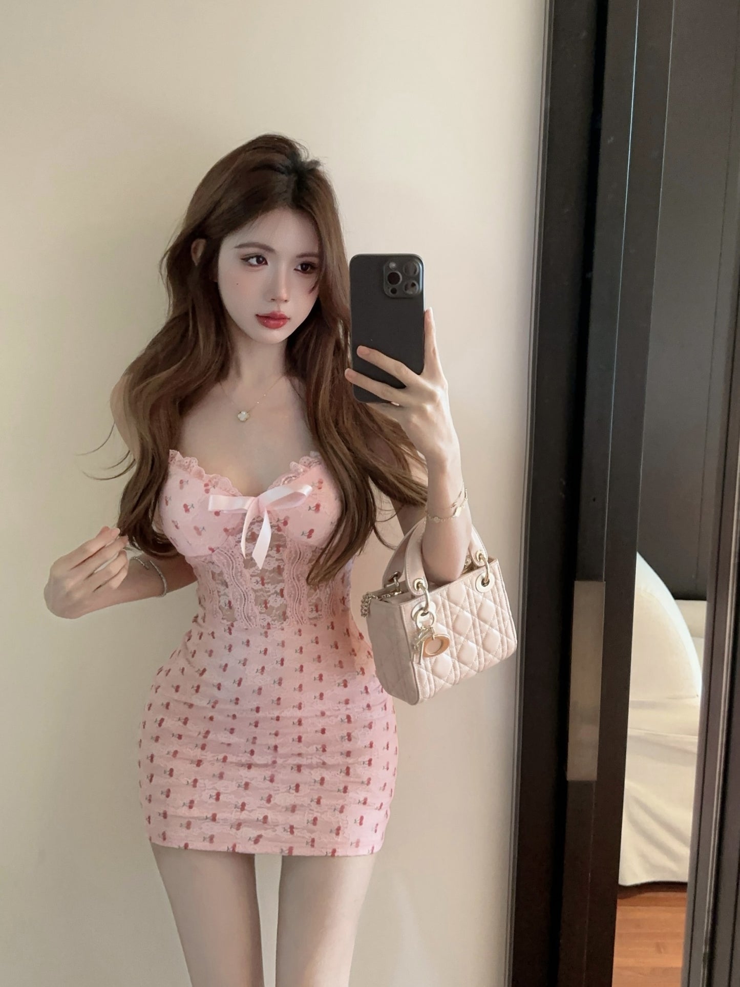 Sweet pure desire style girl dress print slim fit chest pad pink sleeveless hip skirt R3633