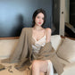 French silk satin sexy slit V-neck dress with suspenders evening dress R1487