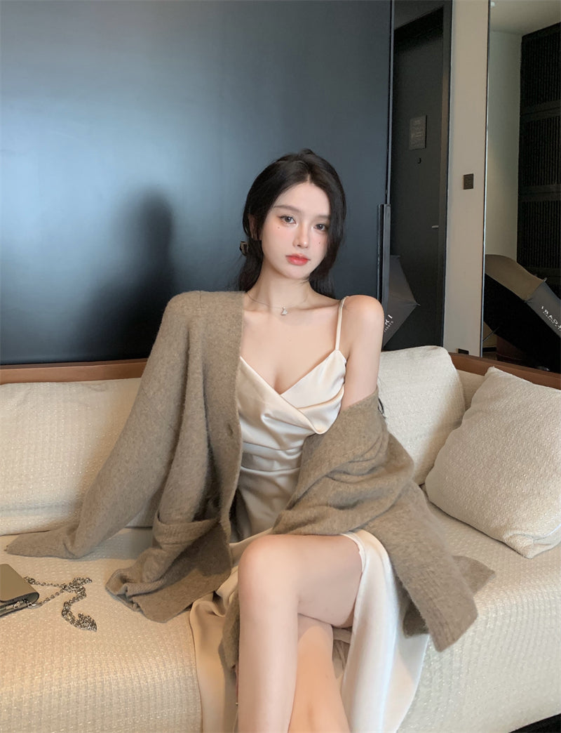 French silk satin sexy slit V-neck dress with suspenders evening dress R1487