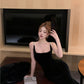 Square collar vest black velvet suspender dress 2025 temperament slim fit inner hip dress R1473
