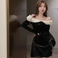 Hepburn style birthday party dress high-end niche one-shoulder black velvet dress R1808