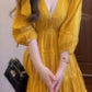 Yellow v-neck dress new style seaside holiday temperament waist a-line skirt R0678