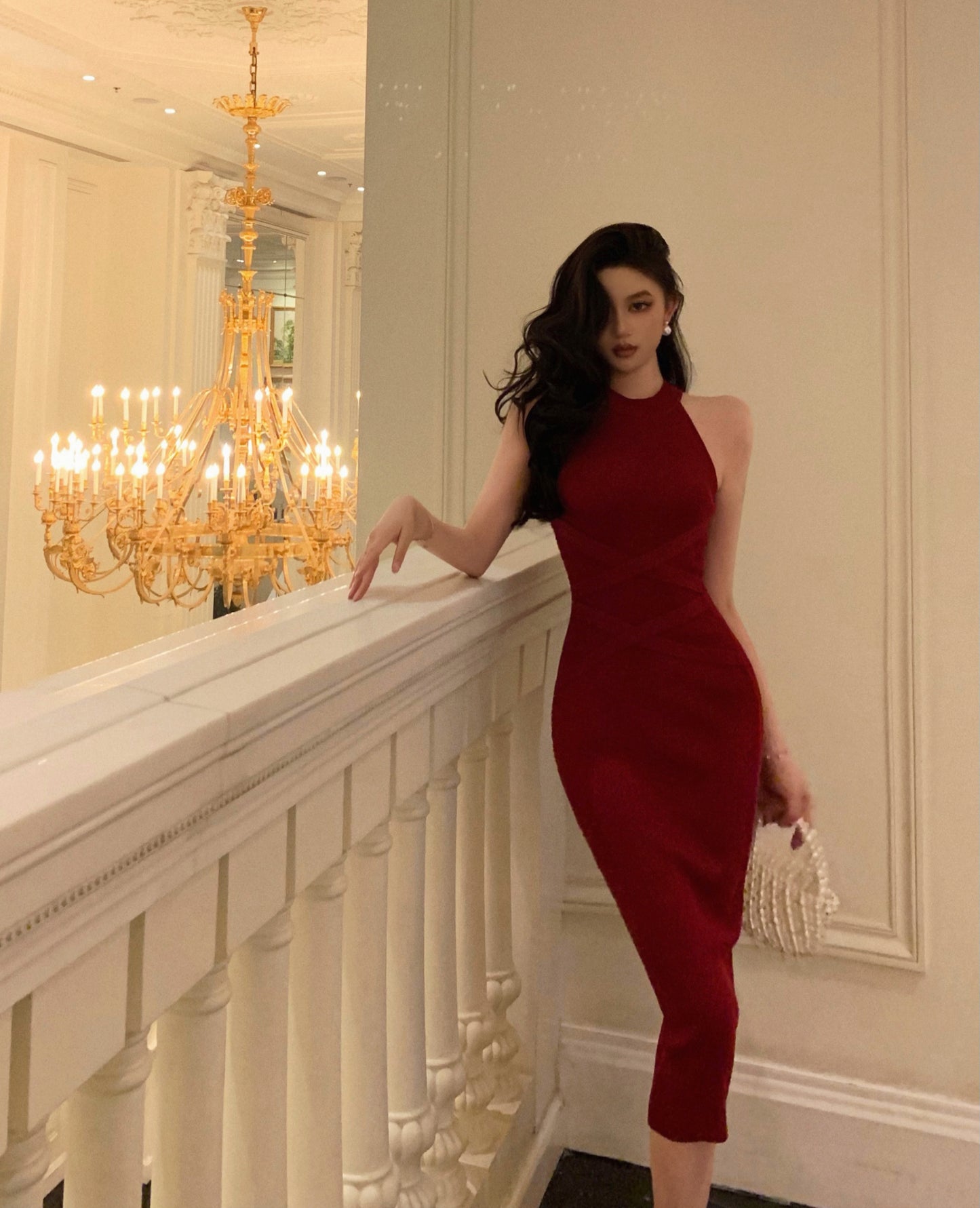 Retro halter neck suspender dress sleeveless lace-up knitted slim fit sexy hip skirt R1491