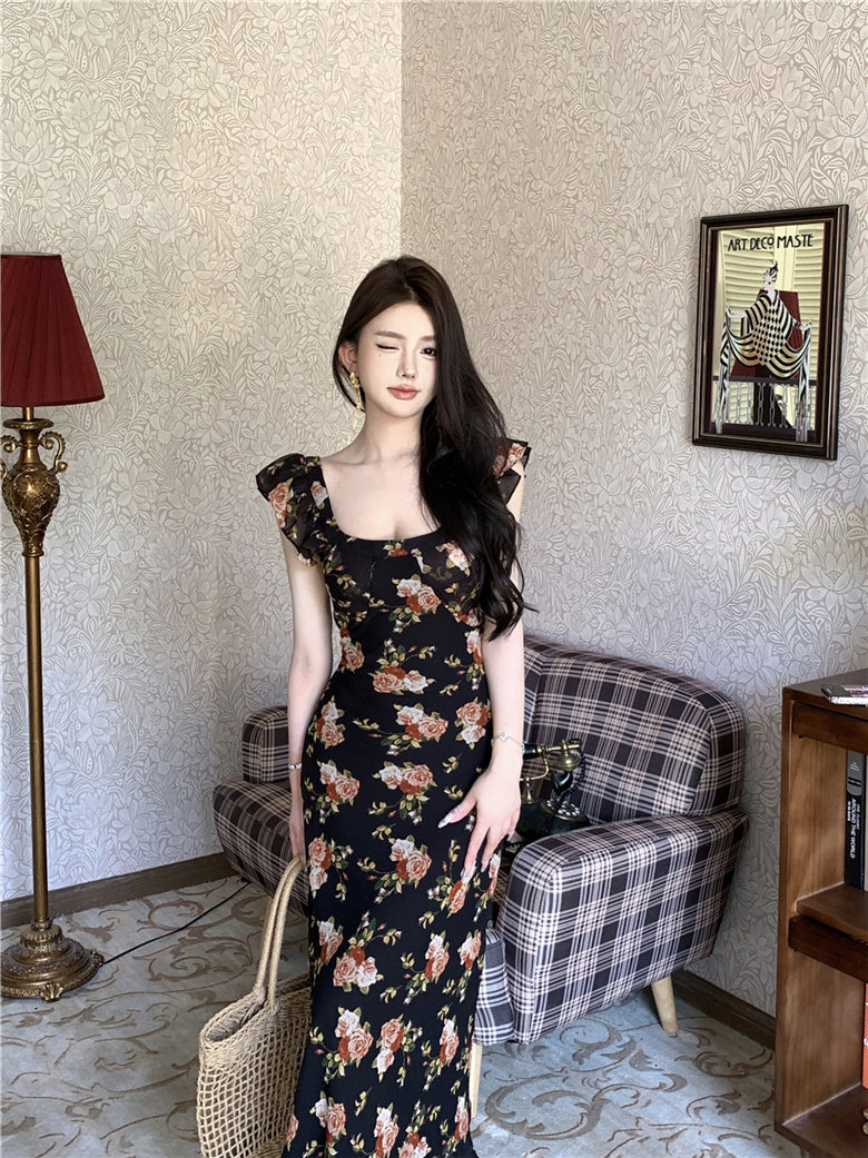 Temperament high-end retro floral dress super beautiful long skirt R0646