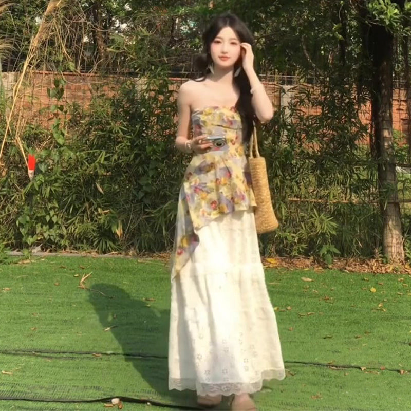 Casual lazy style gentle temperament floral camisole skirt two-piece set R0874