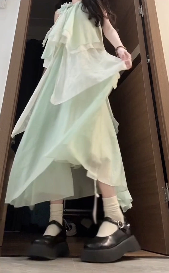 Mint green halter neck dress irregular beautiful loose beach dress R0665