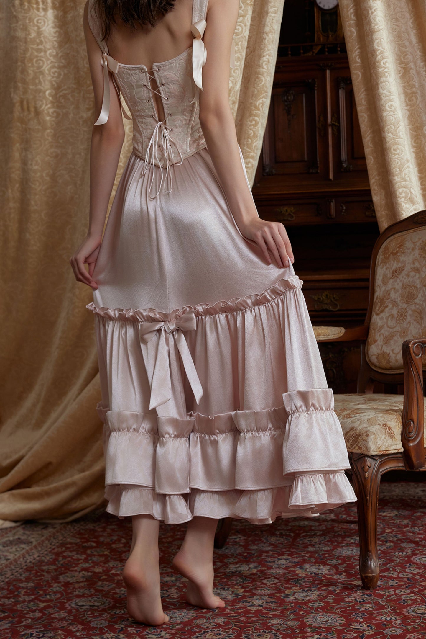 French ruffled satin pink long skirt homecoming dress R5154