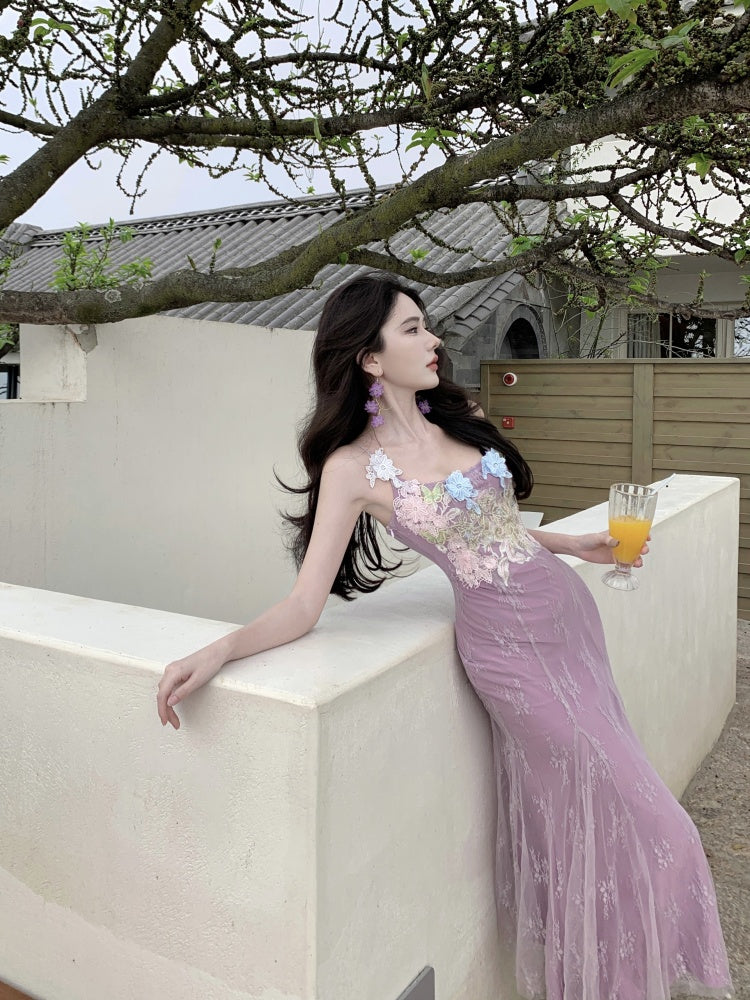 Beautiful little skirt purple flower sling dress beautiful waist hip skirt R0656