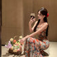 Retro floral suspender dress beautiful waist hip skirt R0657