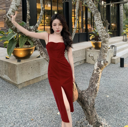 Retro red velvet suspender dress French style temperament small dress R1465
