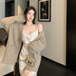 French silk satin sexy slit V-neck dress with suspenders evening dress R1487
