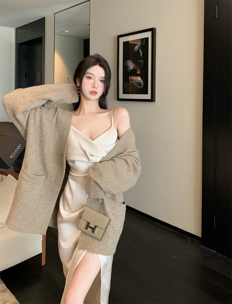 French silk satin sexy slit V-neck dress with suspenders evening dress R1487