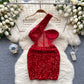 French lady style oblique collar dress mesh sequins niche hip-wrapped hot girl short skirt R2247