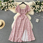 Retro romantic floral dress summer puff sleeves slit design niche chic beautiful long skirt R2248