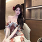 Retro tube top floral dress beautiful waist slim hip skirt R0573