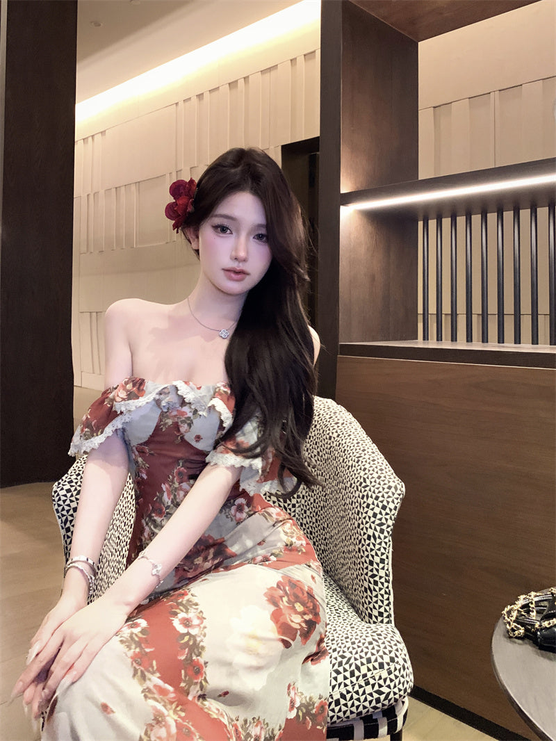 Retro tube top floral dress beautiful waist slim hip skirt R0573