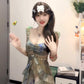 Blurred floral suspender dress temperament waist A-line beach dress R0659