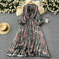 European and American style pleated printed dress lantern long sleeve waist slim long skirt R2322