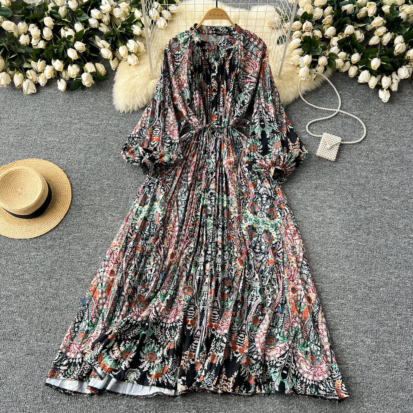 European and American style pleated printed dress lantern long sleeve waist slim long skirt R2322
