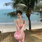 Travel wear printed deep v suspender dress sexy backless beach dress R1596
