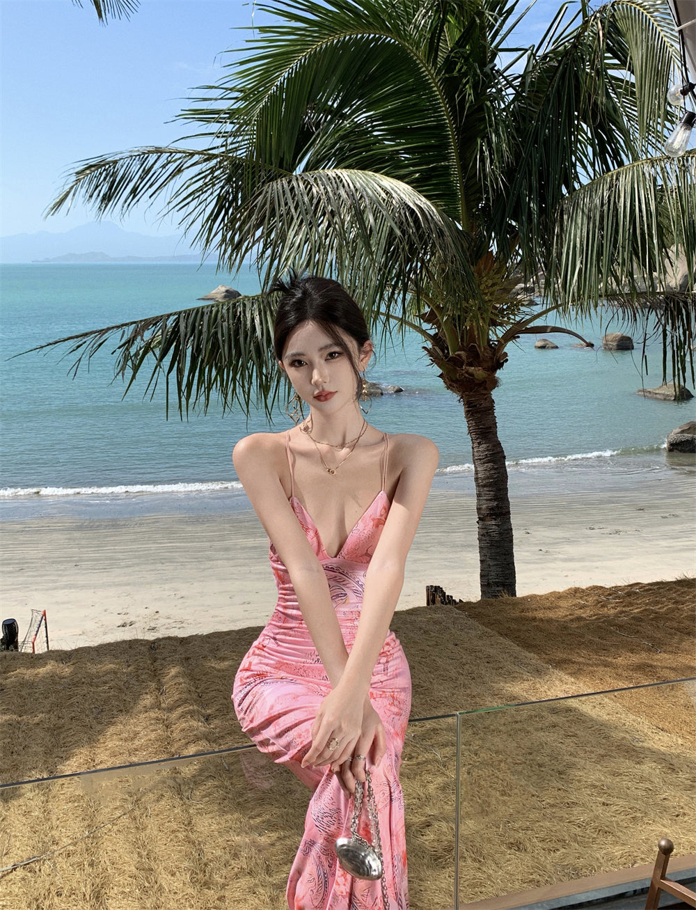 Travel wear printed deep v suspender dress sexy backless beach dress R1596