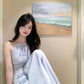 Holiday style blue lace halter neck dress gentle temperament waist A-line long skirt R0883