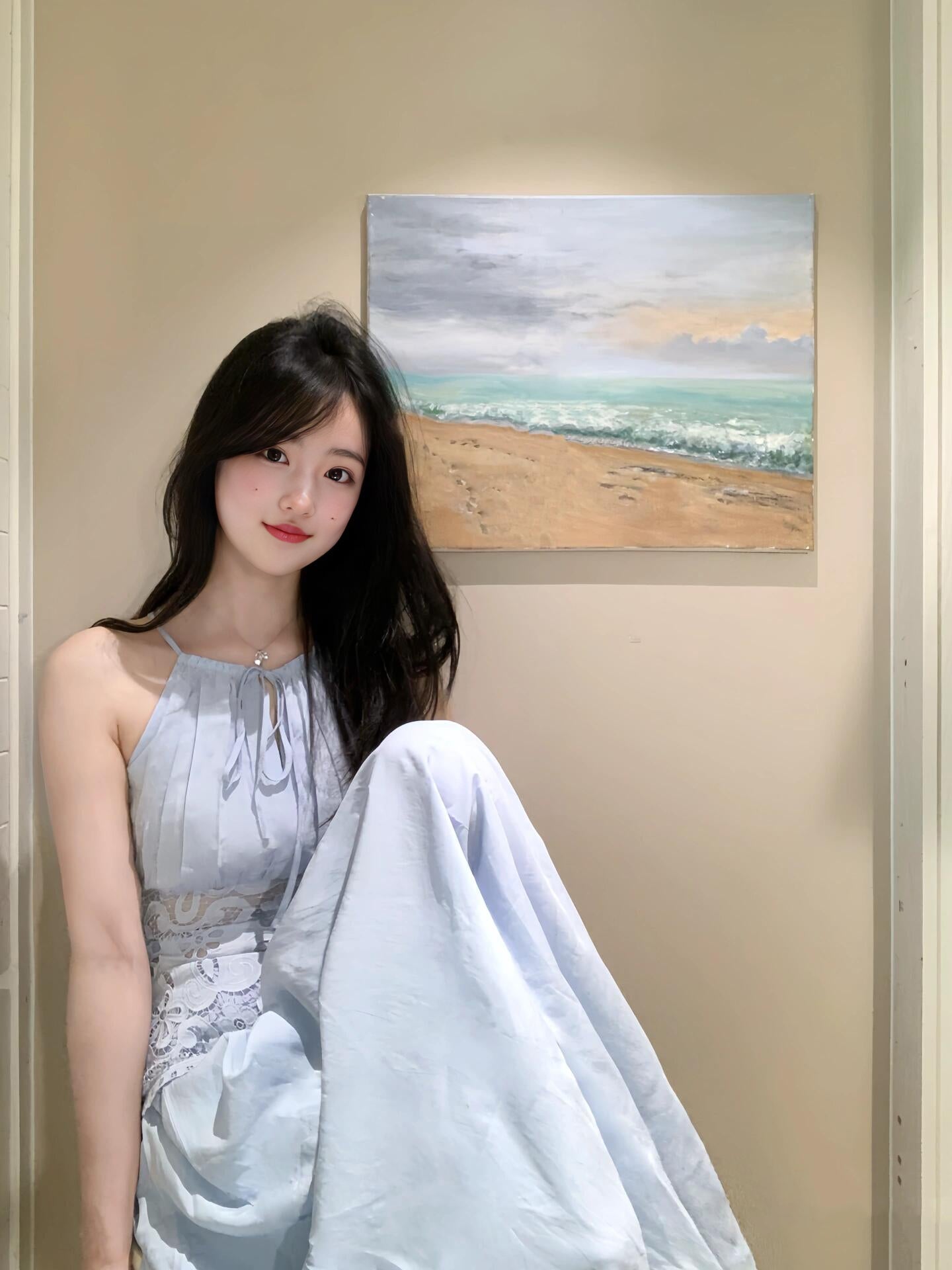 Holiday style blue lace halter neck dress gentle temperament waist A-line long skirt R0883