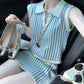 Polo collar striped knitted top skirt salty mature two-piece suit women's new R0884