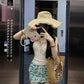 Holiday style gentle temperament beautiful jacquard halter neck top floral skirt two-piece suit R0886