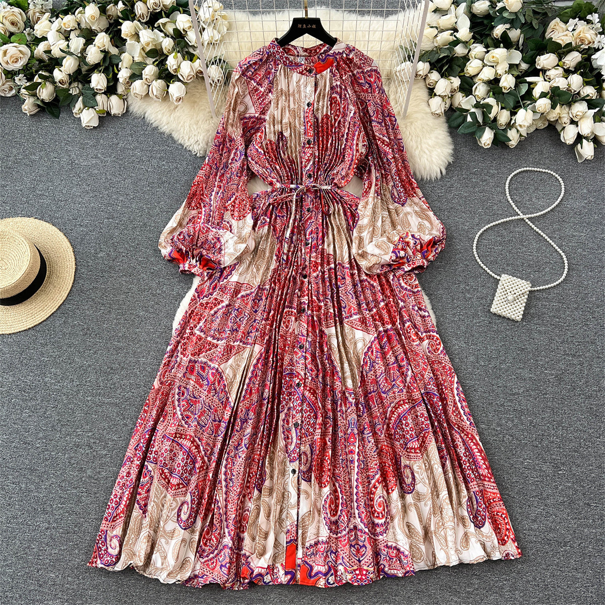 High-end temperament round neck lantern long sleeve waist slimming printed pleated dress R2302
