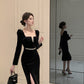 Hepburn style French black dress high-end niche temperament square neck long sleeve dress R1793
