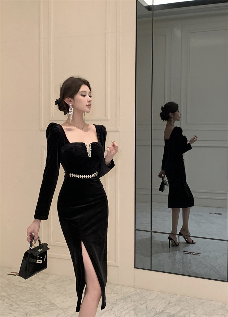 Hepburn style French black dress high-end niche temperament square neck long sleeve dress R1793