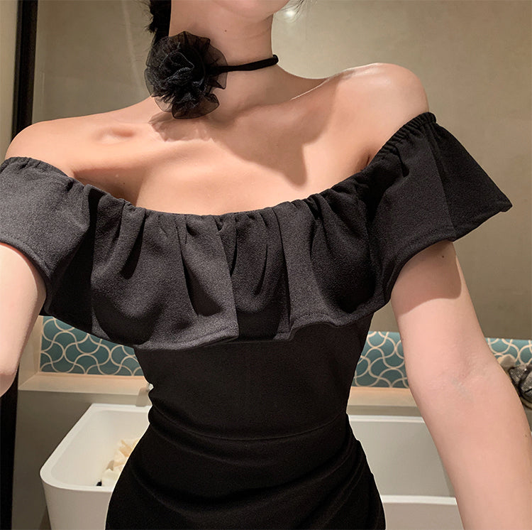 Hepburn style French sexy black one-shoulder dress slim fit temperament hip long skirt R1820