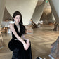 Hepburn style black dress high-end niche temperament heavy fishtail halter neck dress R1774