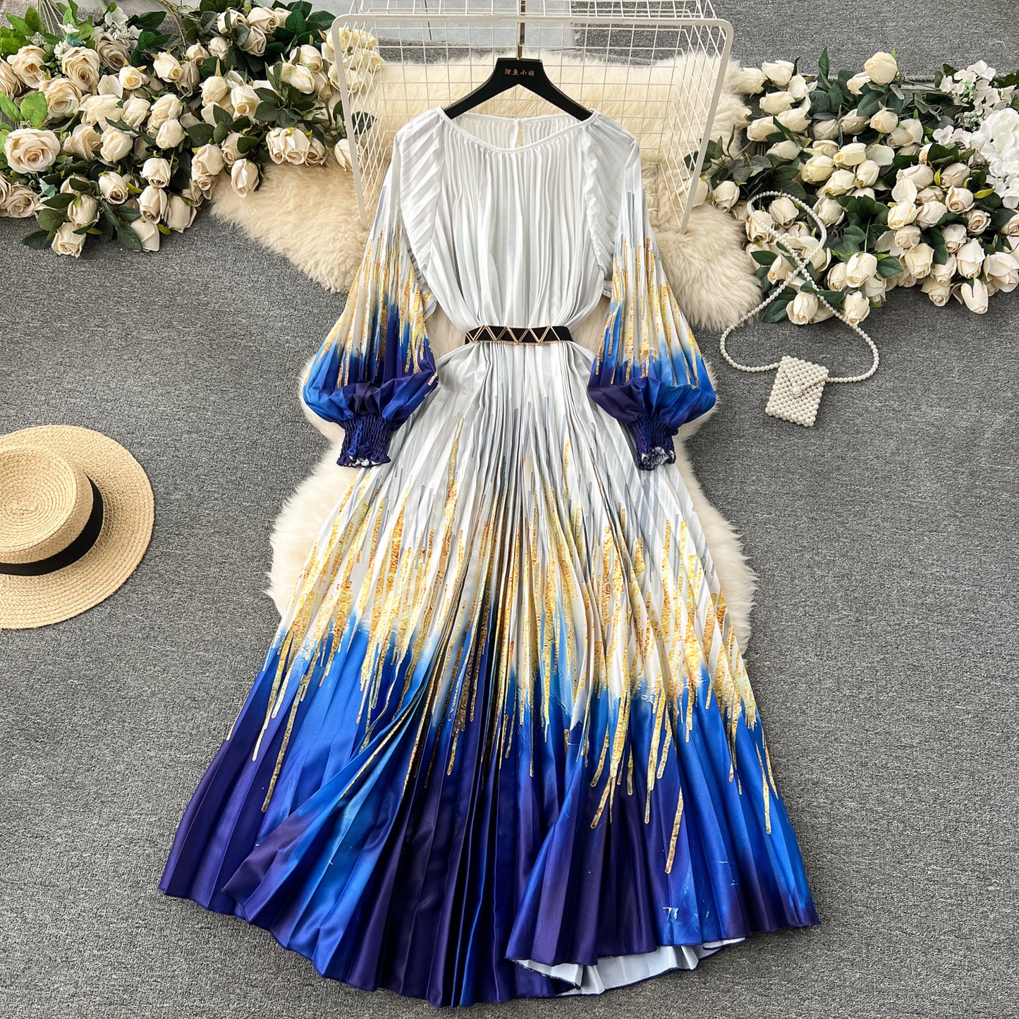 European and American style 2025 new dress printed pleated pleated waist tie holiday long skirt R2337