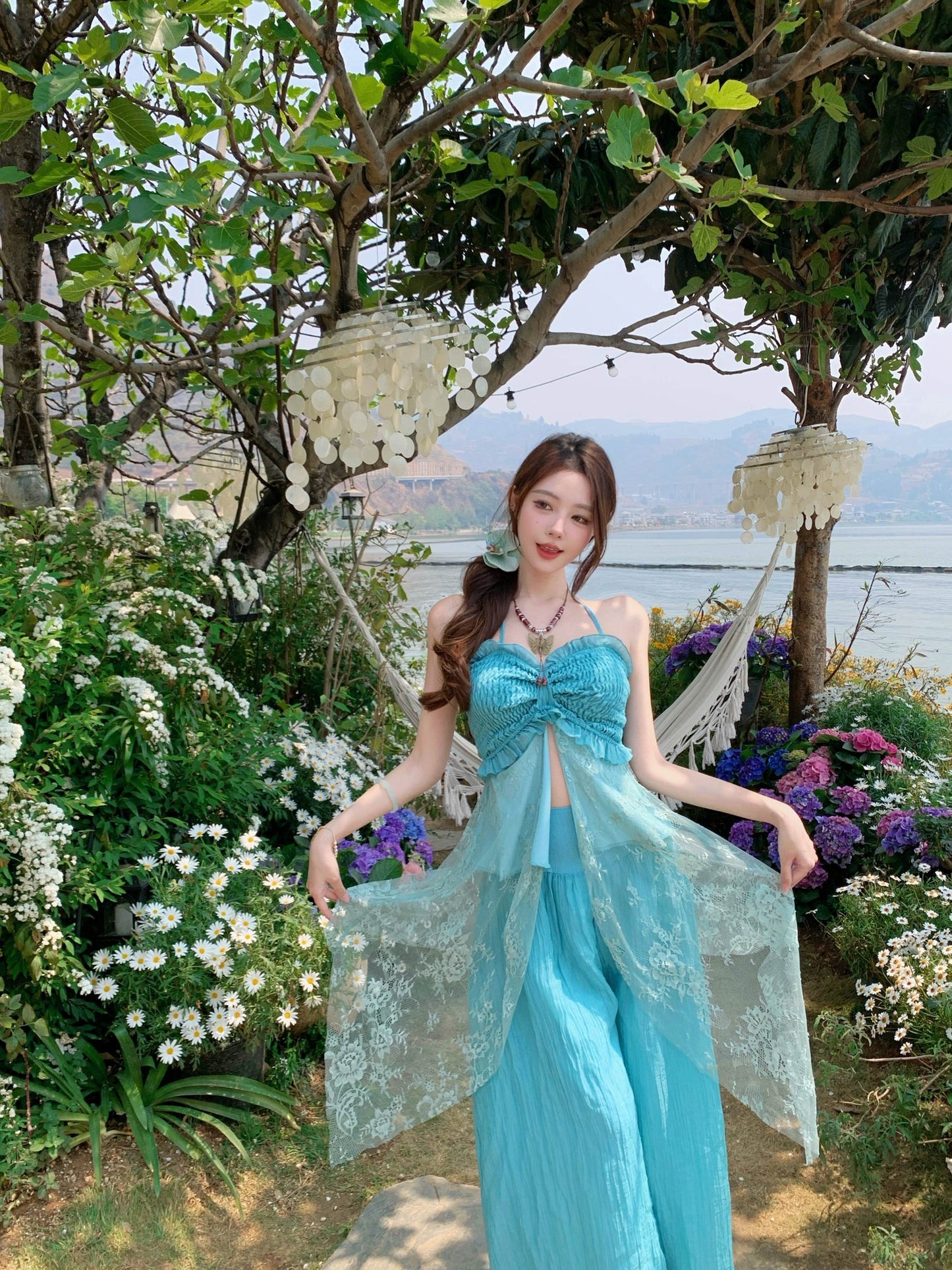 Beautiful unique green tube top casual wide leg pants two piece suit 2025 R0780