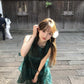 Retro green sleeveless vest dress gentle and sweet style waist A-line short skirt R0706