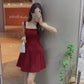 Skirt square neck suspender dress royal sister style temperament wine red high-end dress R1437
