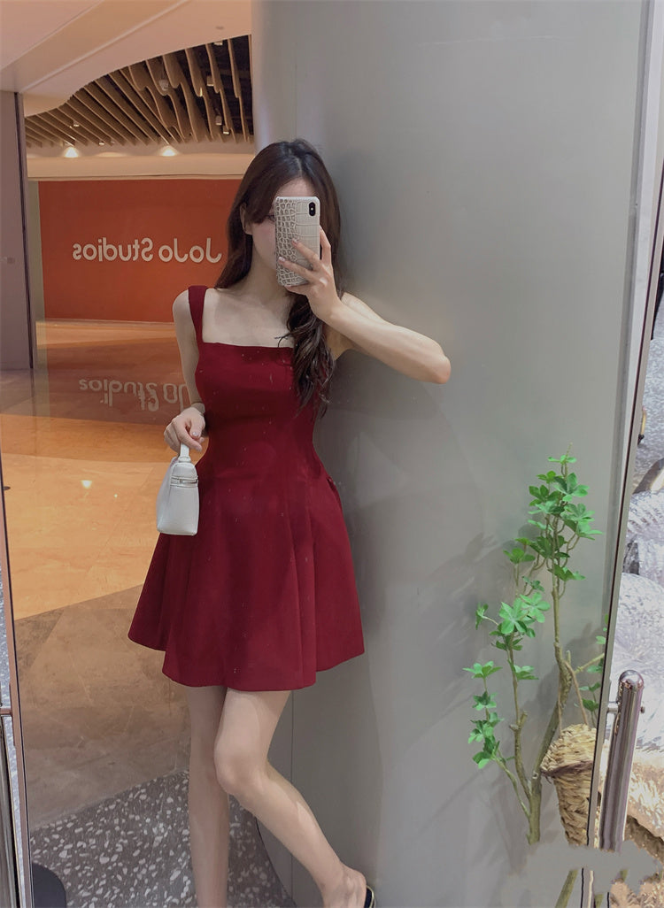 Skirt square neck suspender dress royal sister style temperament wine red high-end dress R1437