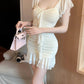 Ruffled tassel mesh dress pure and sweet high waist backless slim fit pleated hip skirt R3716