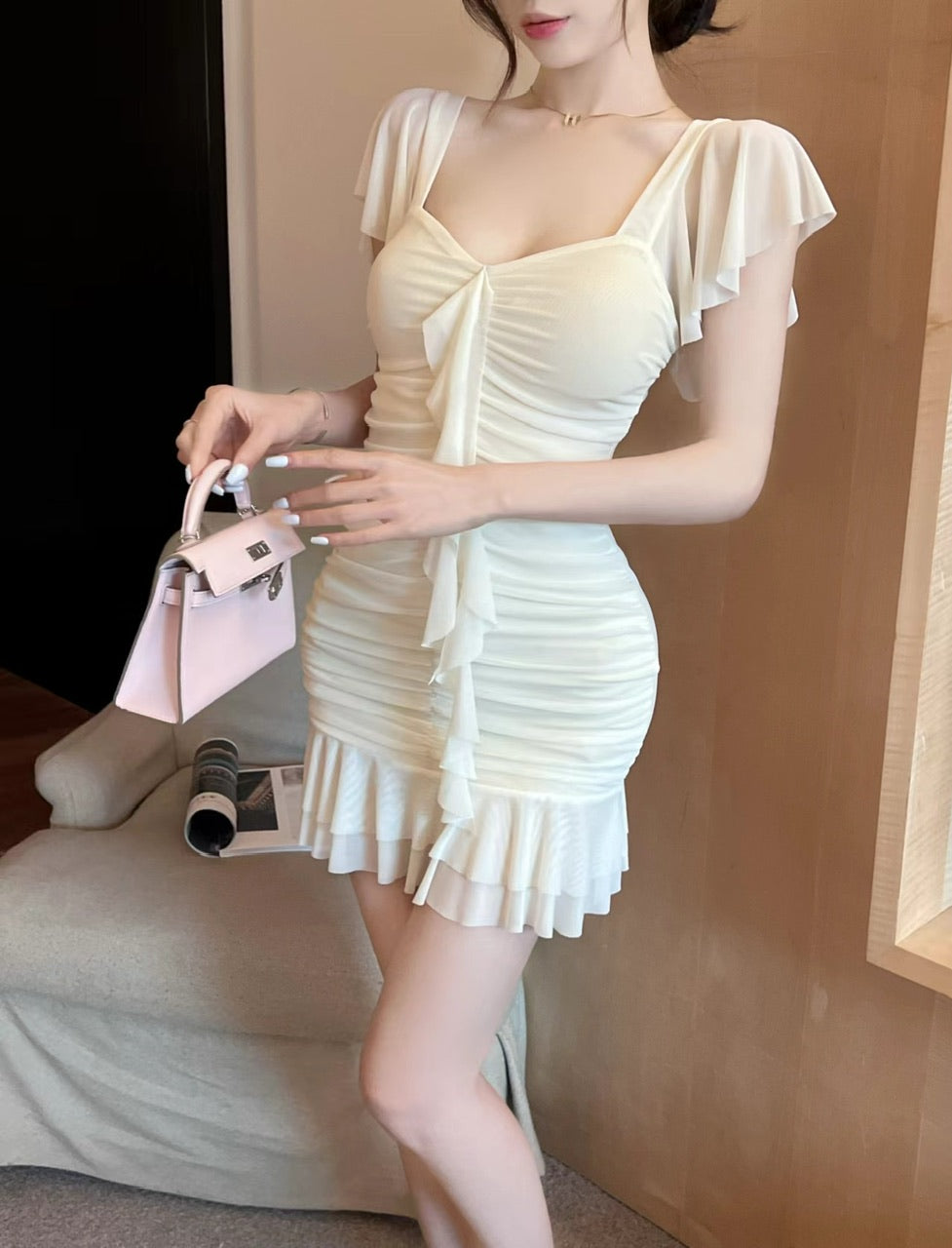 Ruffled tassel mesh dress pure and sweet high waist backless slim fit pleated hip skirt R3716