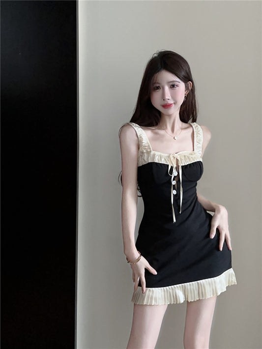 French sexy suspender dress summer slim fit ruffled hip short vest dress R3748