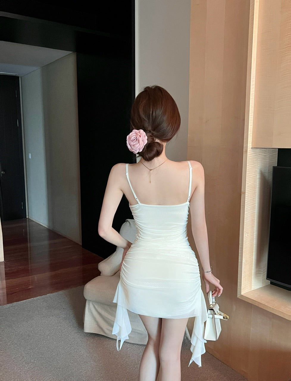 French sexy suspender dress sweet high waist slim fit ruffled slimming collar hip skirt R3749